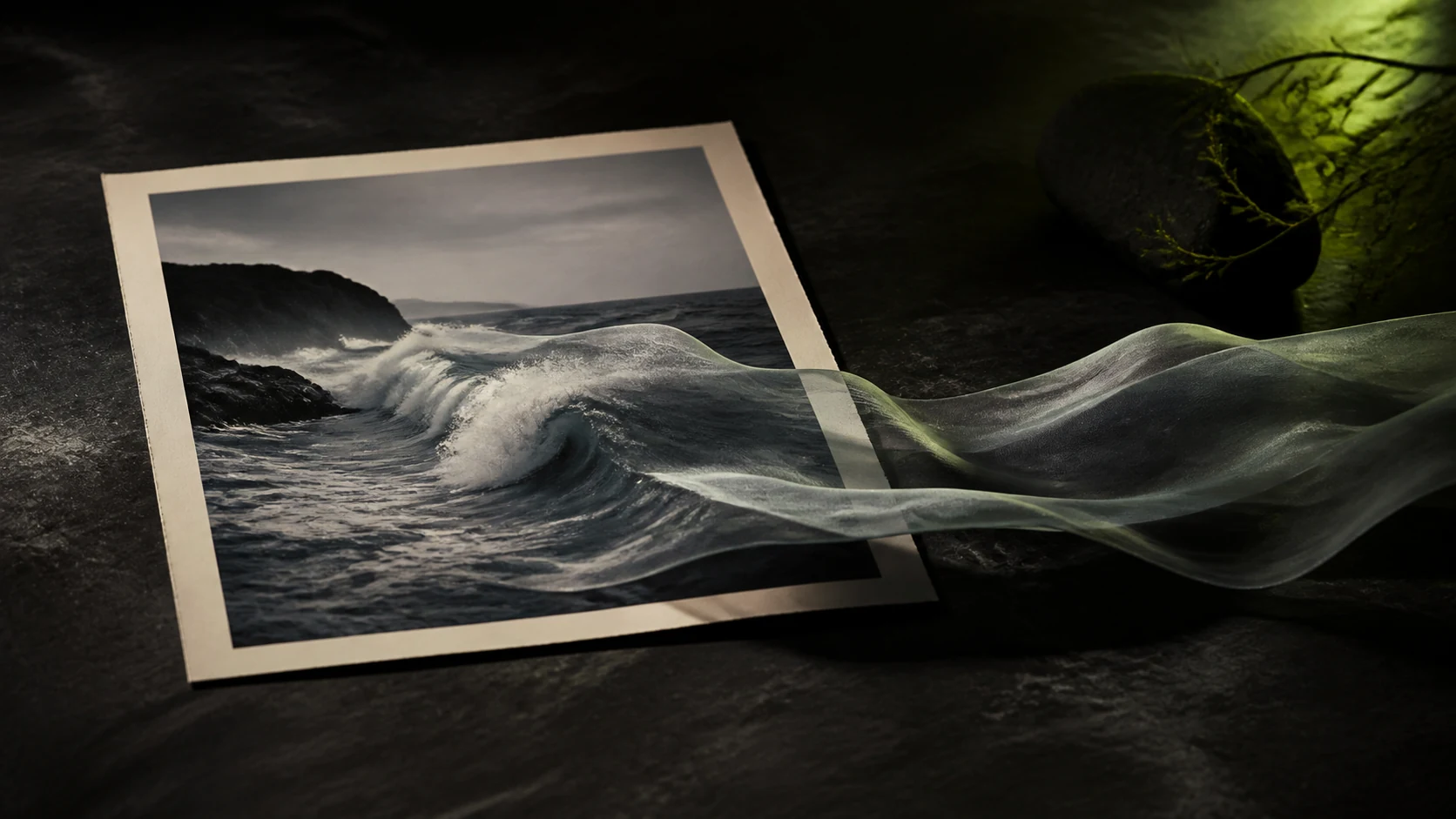 An ocean photograph extending into a flowing translucent wave