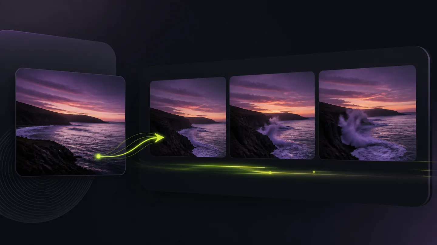 A coastal still image followed by frames with waves moving through the scene