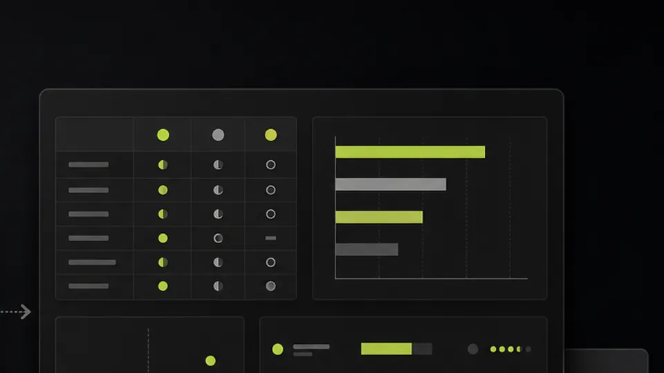 A competitor dashboard with a matrix, charts, and a presentation slide