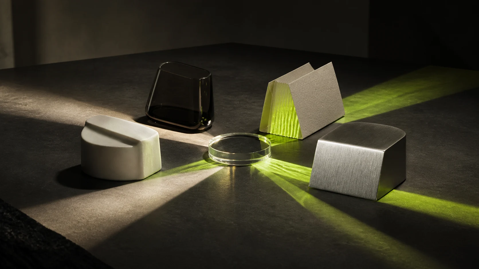 Four material forms compared through a clear optical lens