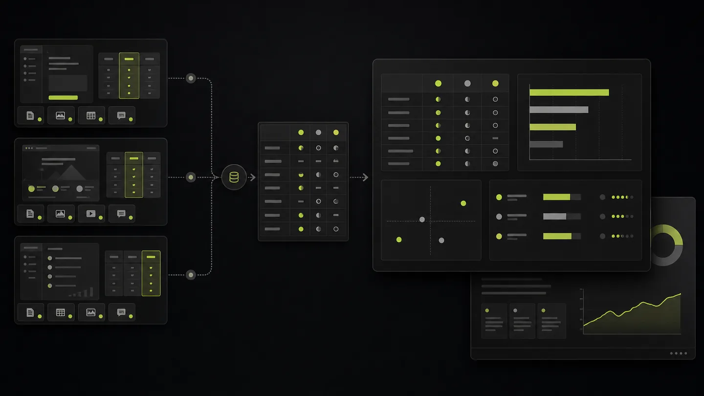 Competitor source cards becoming a structured comparison dashboard and deck