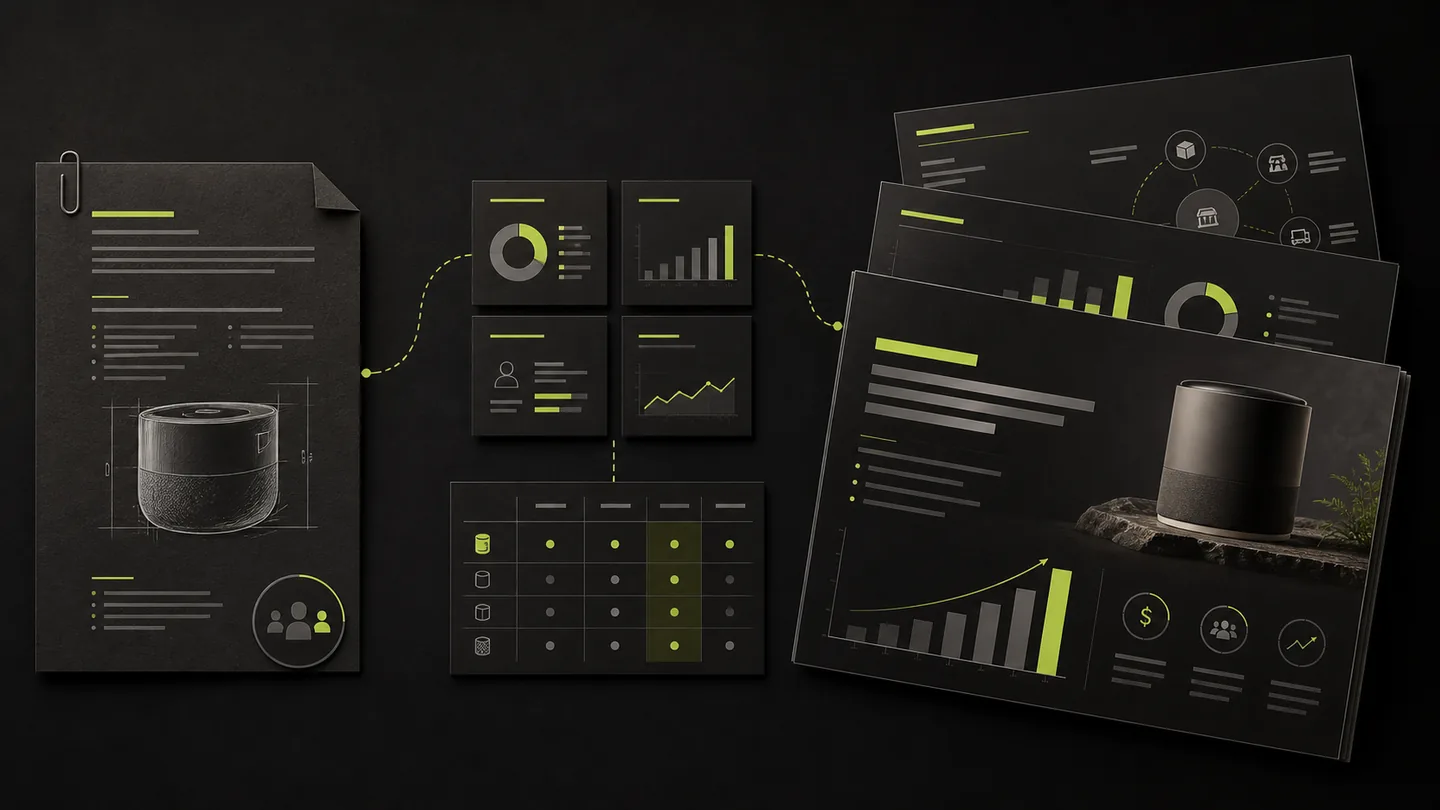 A one-page business brief becoming market evidence and a finished slide deck