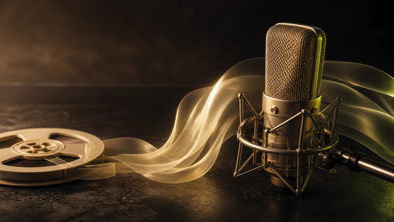 Recording tape flowing as an ivory ribbon toward a studio microphone