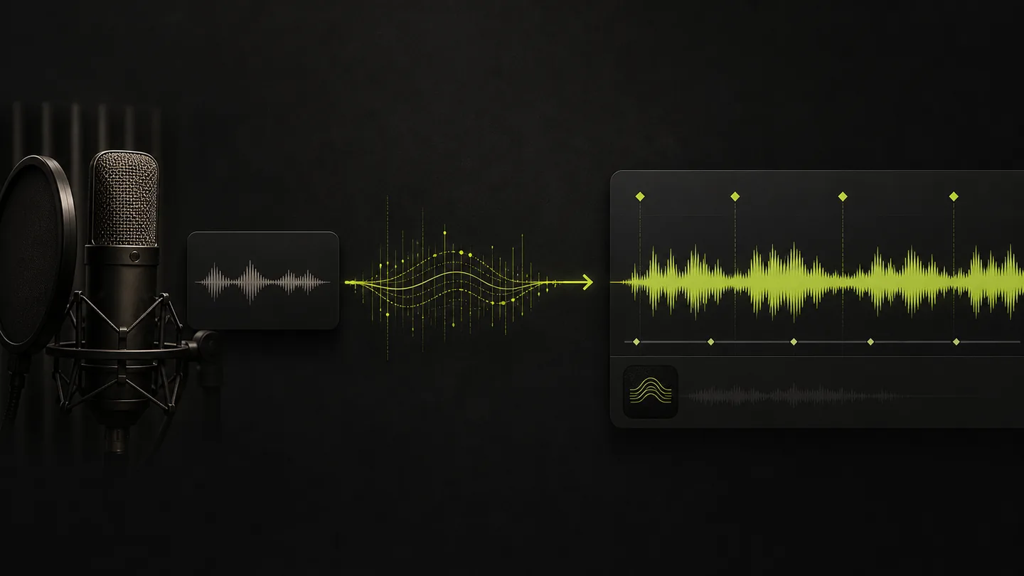 A studio voice sample becoming a clean narration waveform