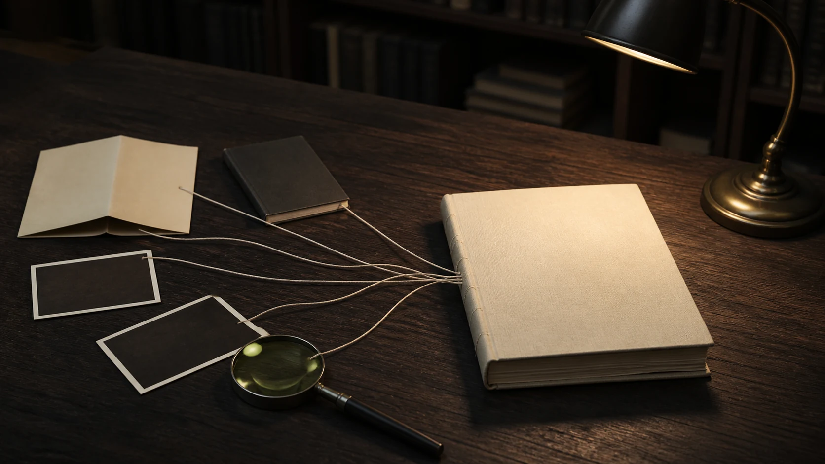 Source materials connected by threads to a bound report