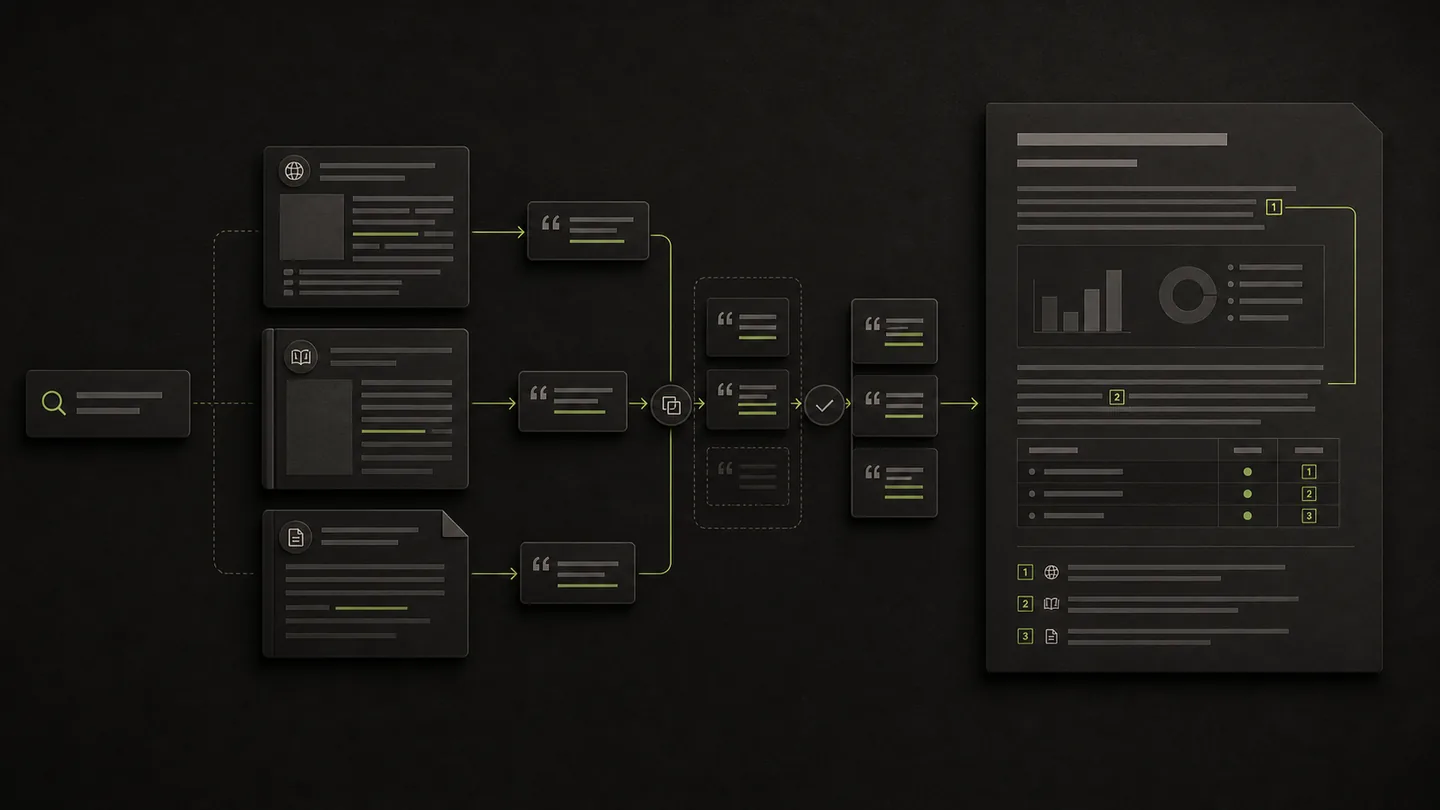 Web, reference, and document sources becoming a cited research report