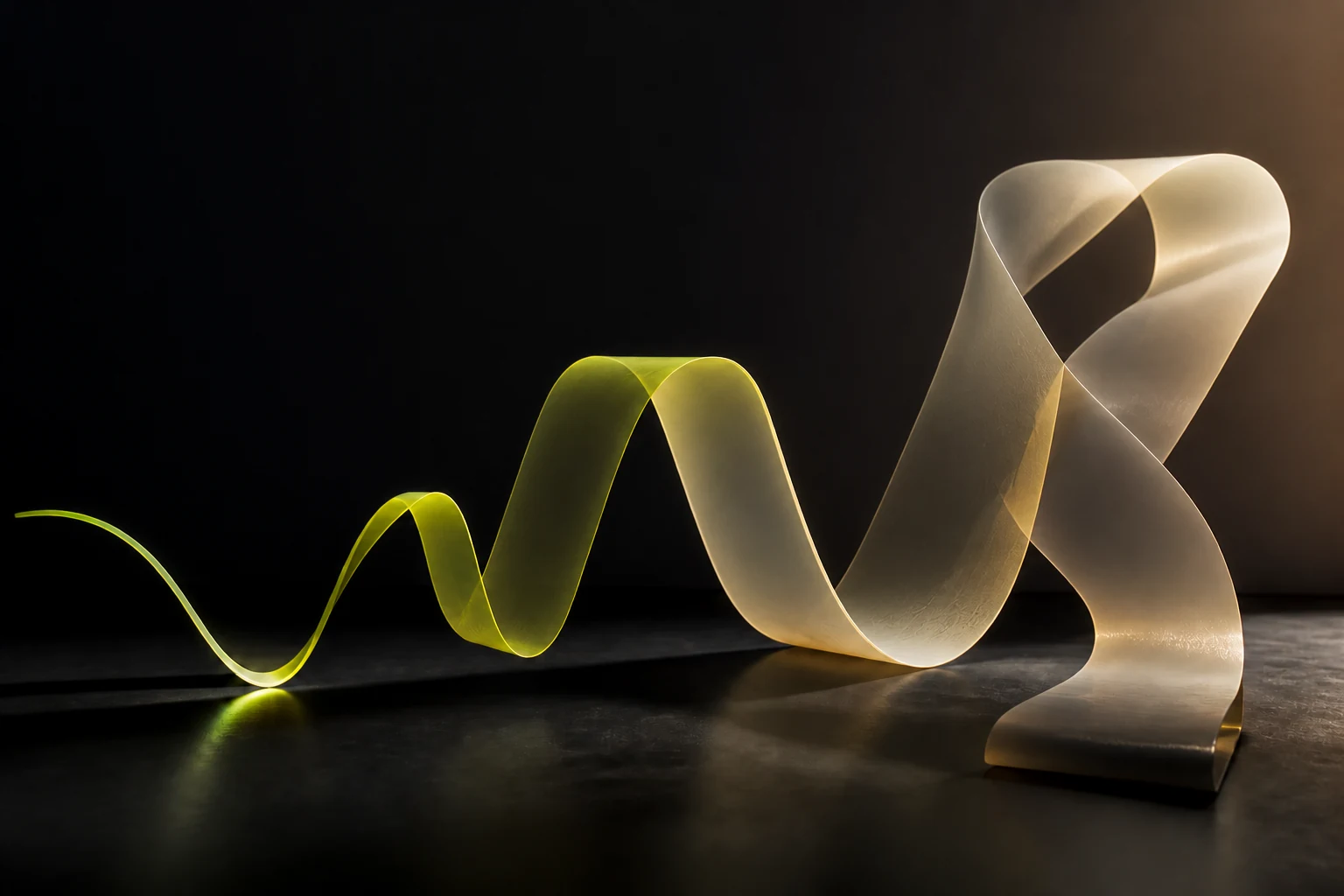 A lime ribbon becoming a warm ivory sculpture