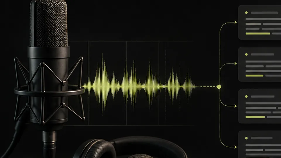 A podcast microphone and the raw episode waveform