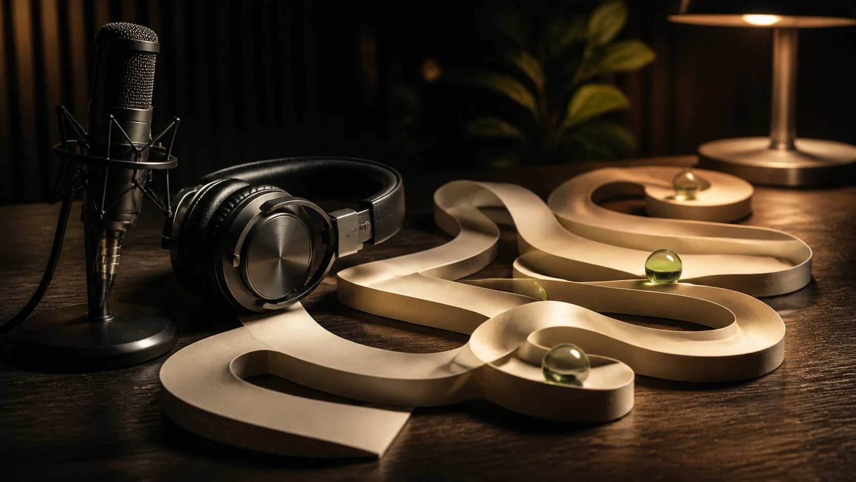 Headphones, a microphone, and paper loops arranged on a studio table