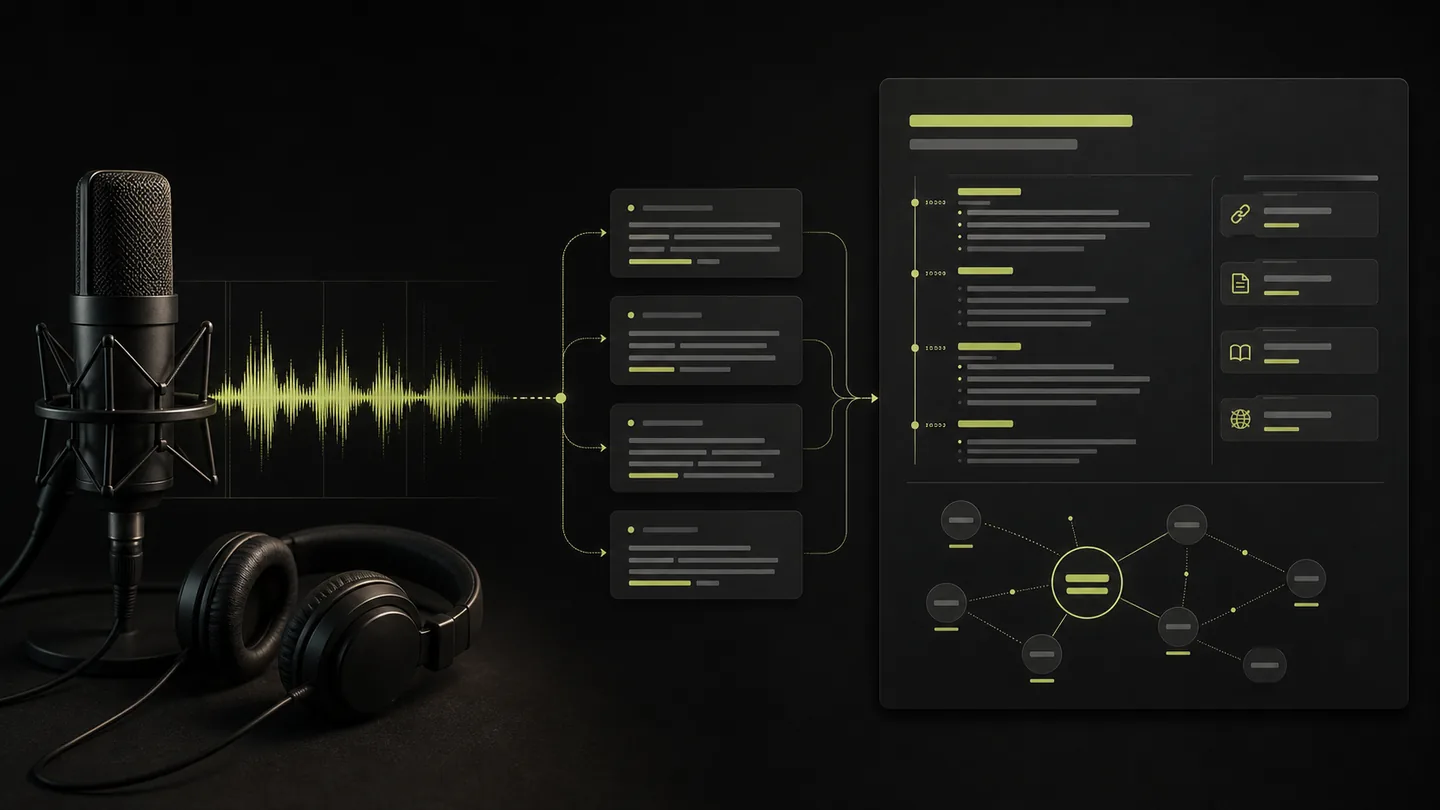 A podcast waveform becoming structured notes, references, and a topic map