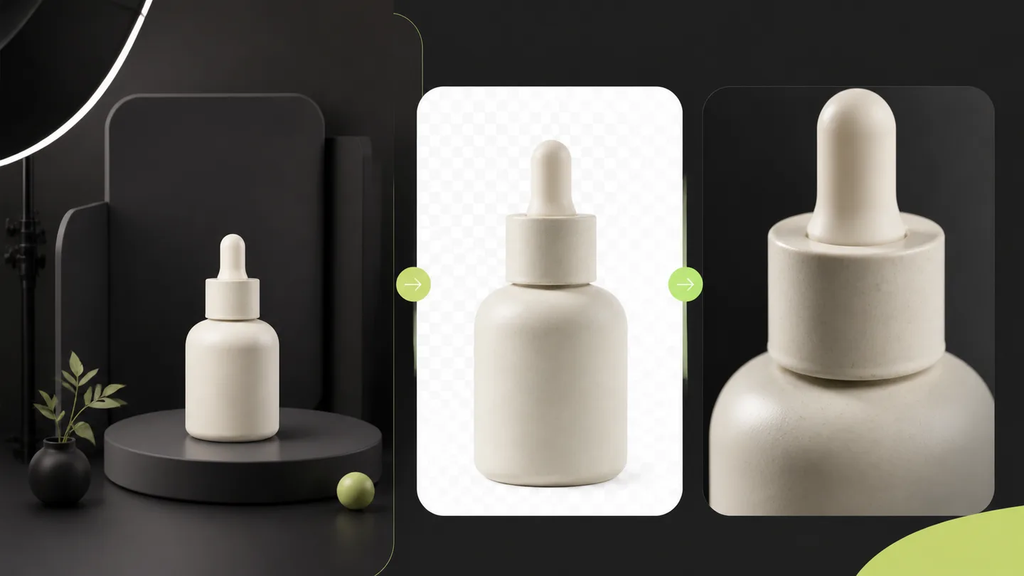 An unbranded bottle shown as a studio product photo, transparent cutout, and close detail