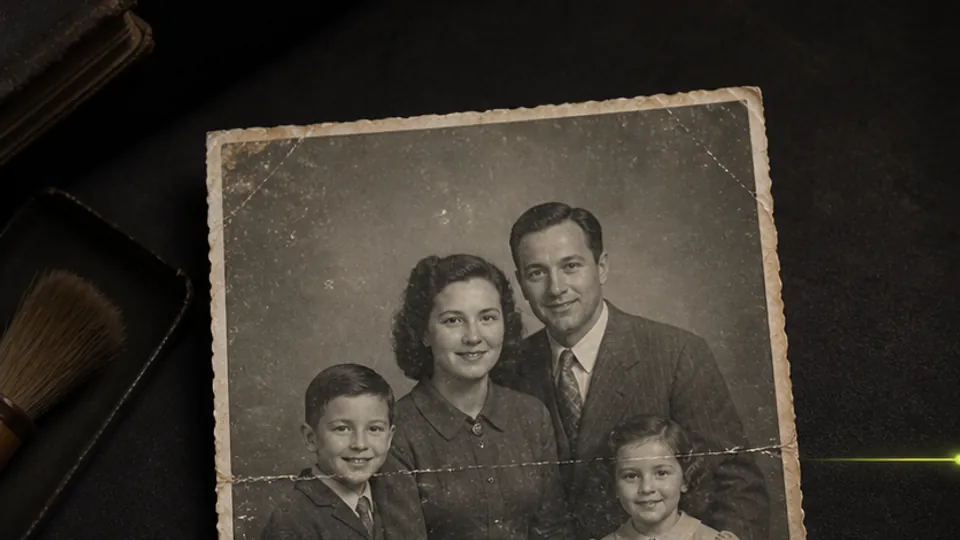 A faded black-and-white family photograph with scratches and a crease
