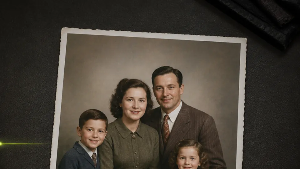 The same family photograph restored with balanced contrast and subtle color