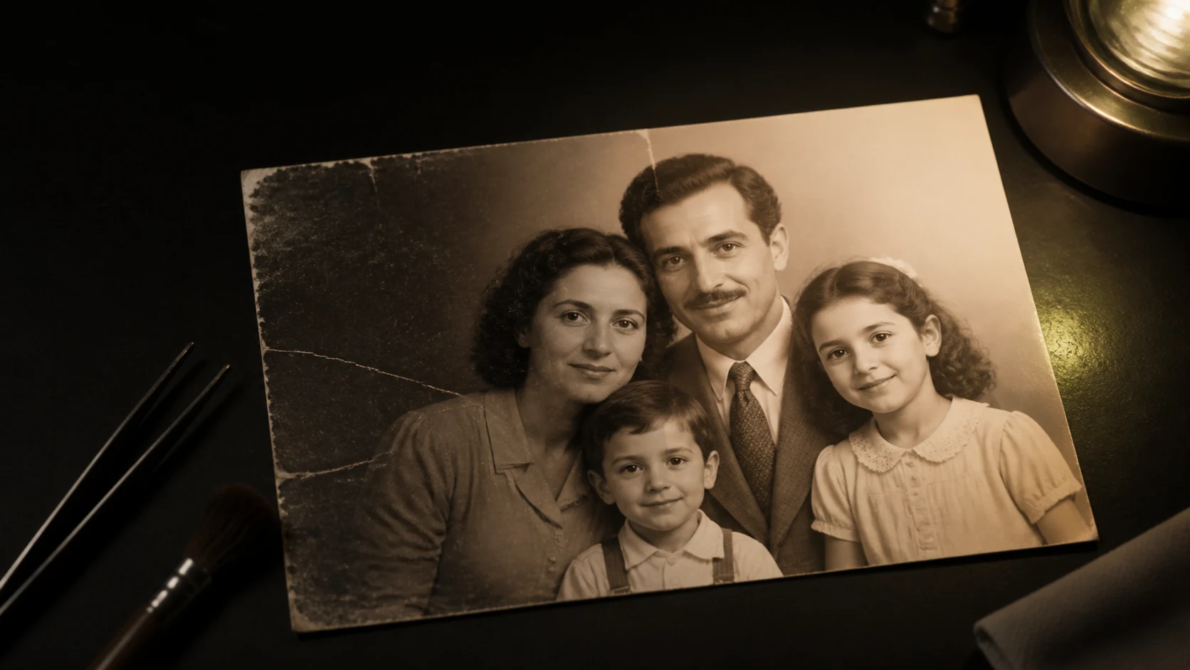 A vintage family photograph under a warm restoration lamp