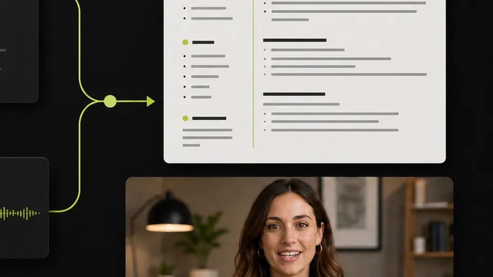 A finished resume beside a video frame of the same presenter