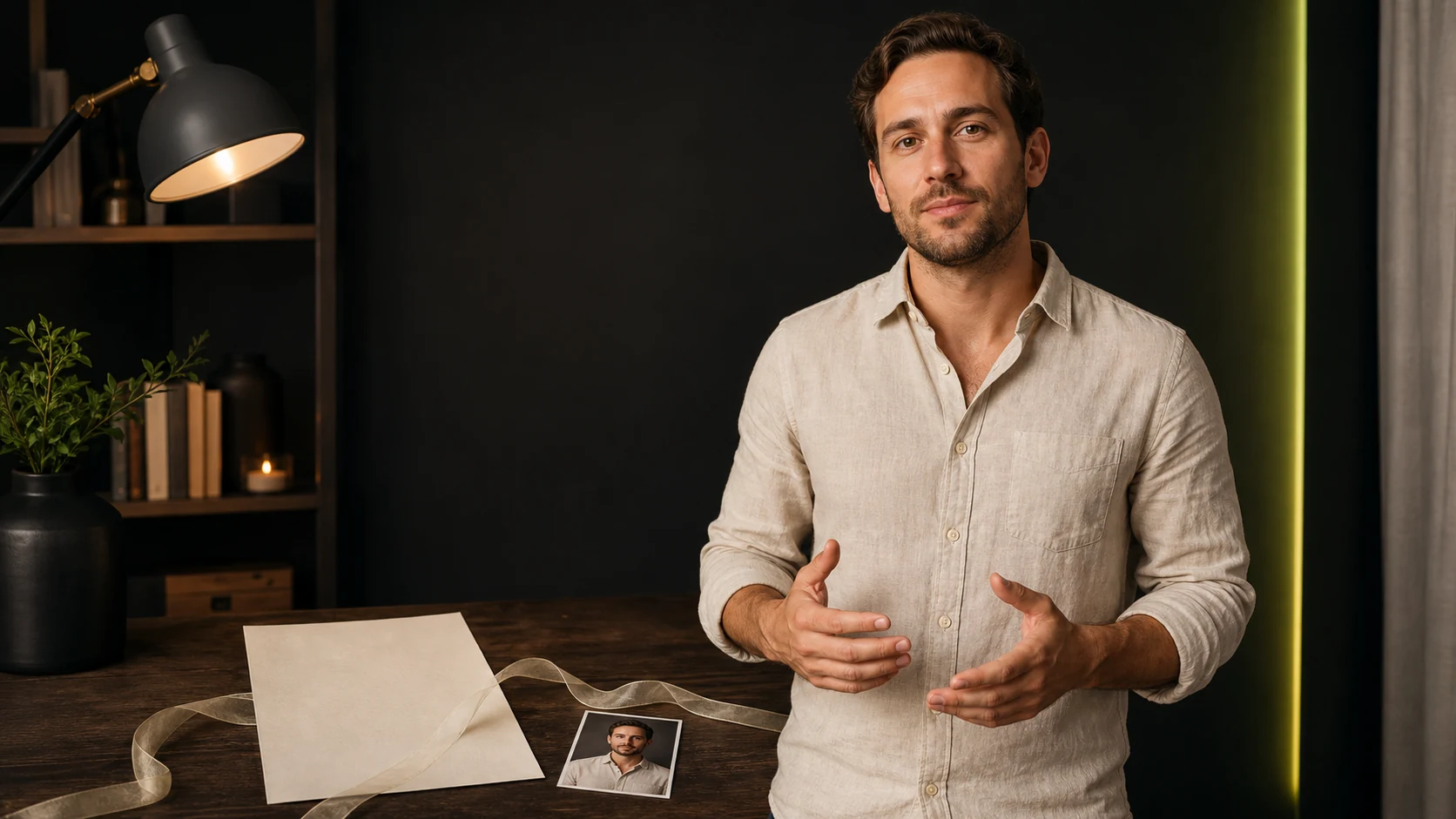 A professional presenting beside a resume sheet and portrait print
