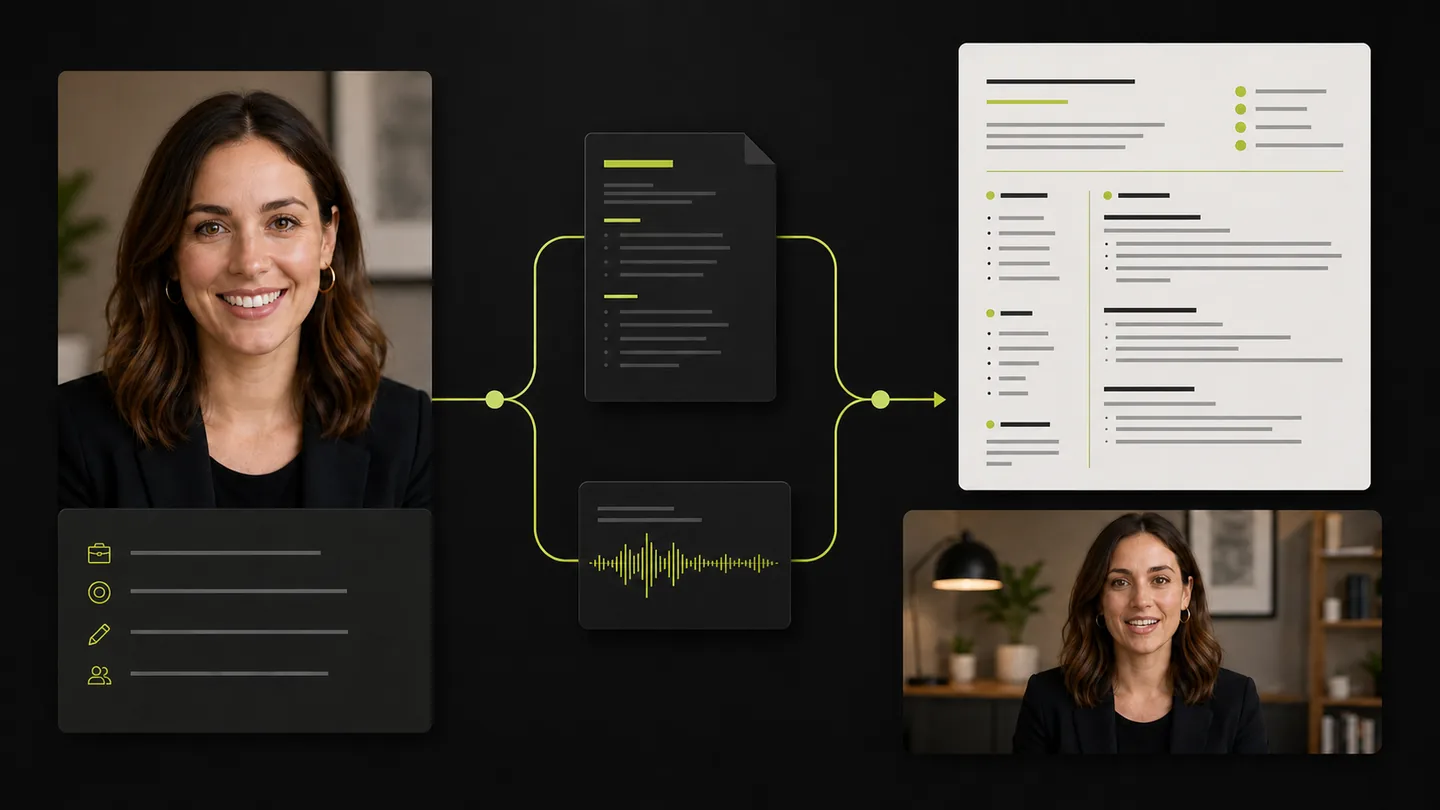 A professional portrait and background becoming a resume and matching video pitch