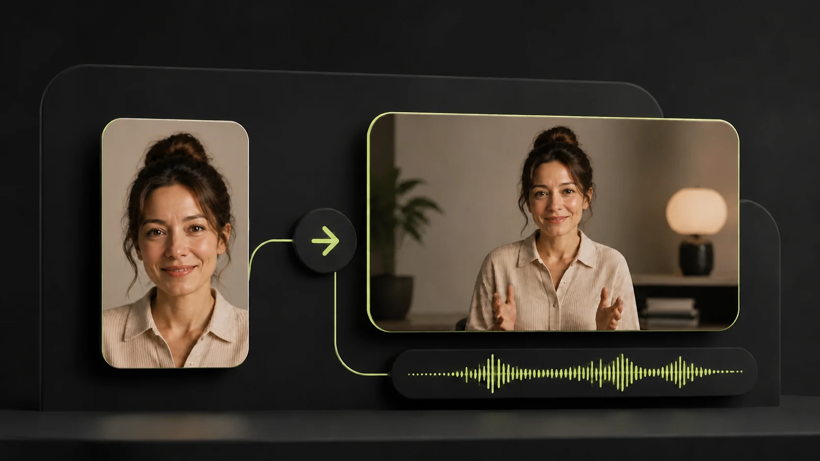 A presenter shown as a source portrait and a finished narrated clip