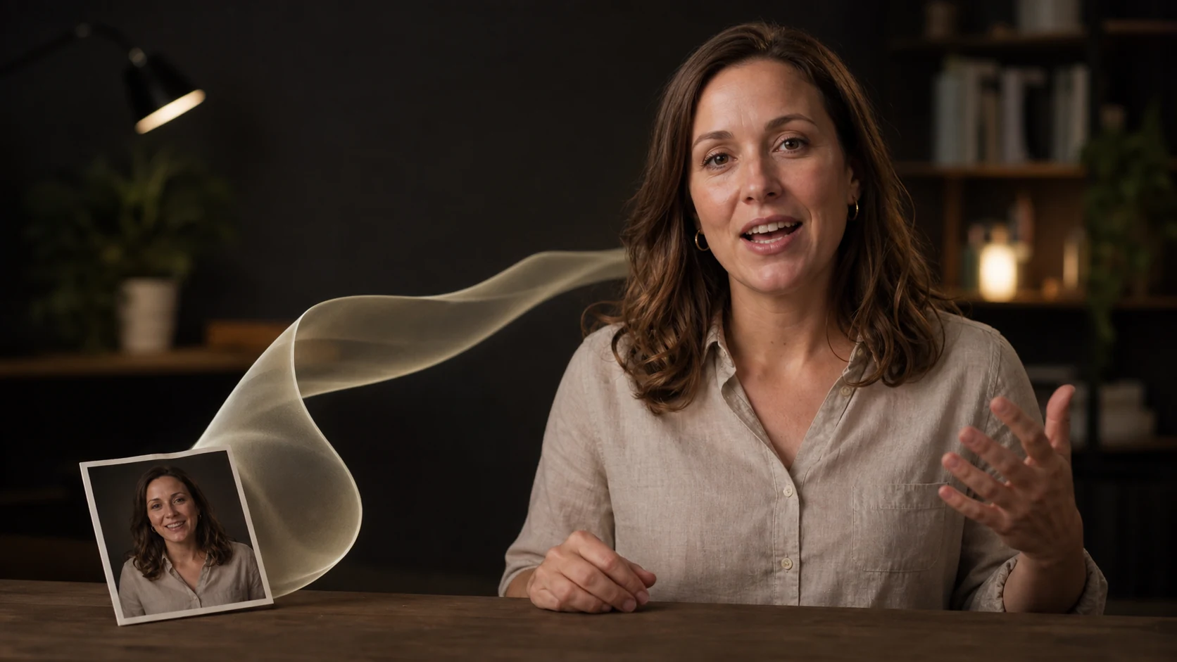 A woman speaking beside a portrait print connected by an ivory ribbon