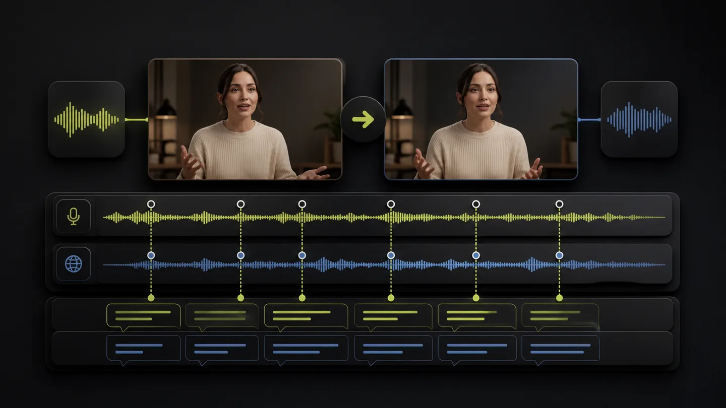 A presenter video connected to translated audio and synchronized timing markers
