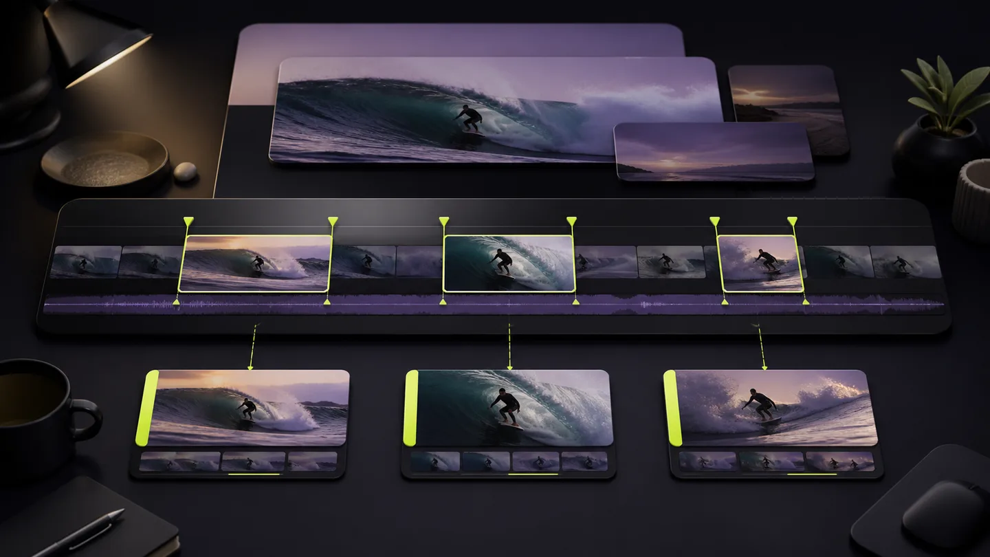 A long video timeline with selected moments turned into shorter clips